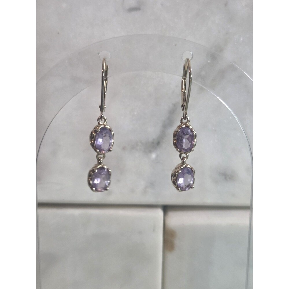 Amethyst Drop Earrings 2 Stones 925 Sterling Silver